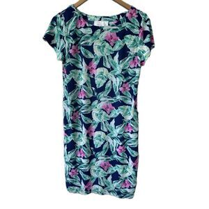 Pappagallo Women's Stretch Hawaiian Tropical Floral Scoop Neck Shirt Dress M